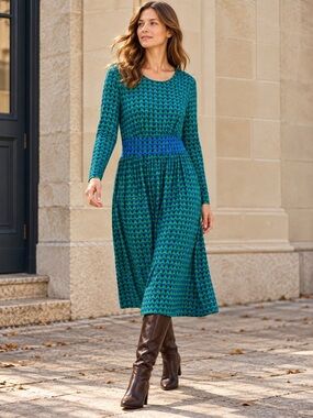 Boden Thea Long Sleeve Midi Dress Green Blue Geometric Print Size 10R